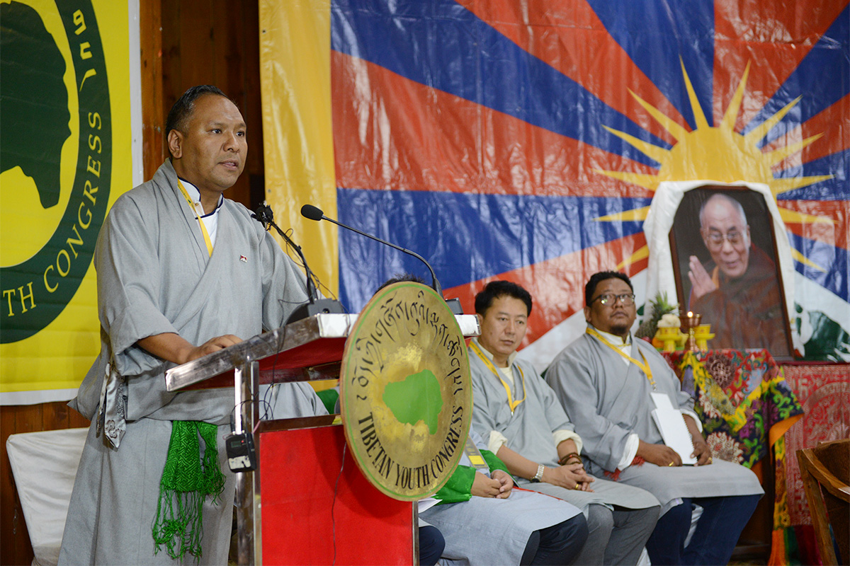 Tibetan Youth Congress President Tenzing Jigme speaks during the opening of the 17th General Body Meeting in Dharamshala, India, on 11 June 2019.