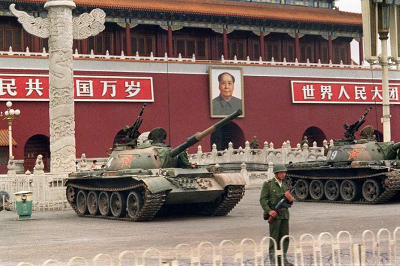 People's Liberation Army tanks guard Tiananmen Square in June 1989 after the bloody crackdown on pro-democracy protests.