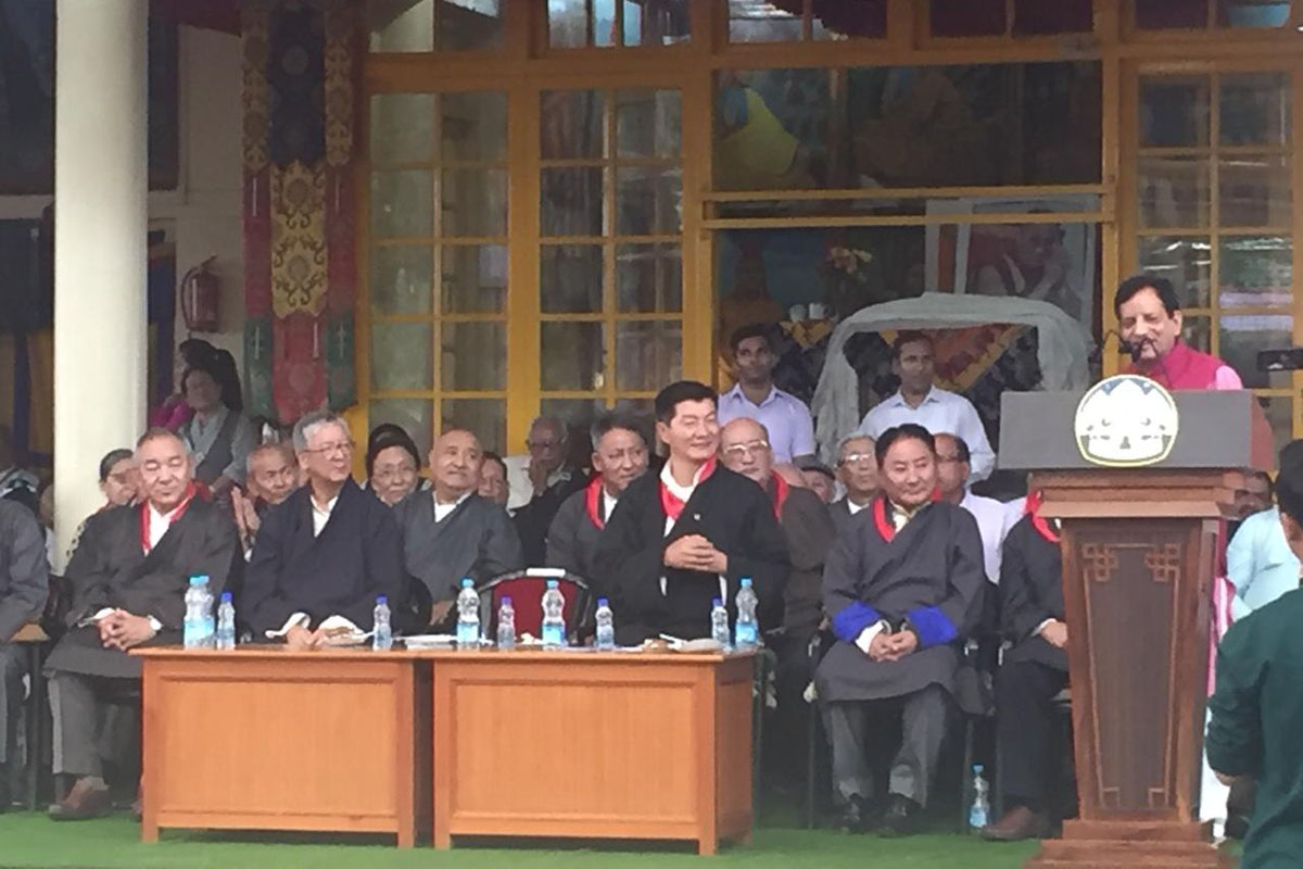 Member of Indian Parliament Kishan Kapoor speaks on the occasion of the Dalai Lama's 84th birthday celebration at Tsuglakhang Temple in McLeod Ganj, India, on 6 July 2019. President of the Central Tibetan Administration and his Cabinet are seen in the photo.