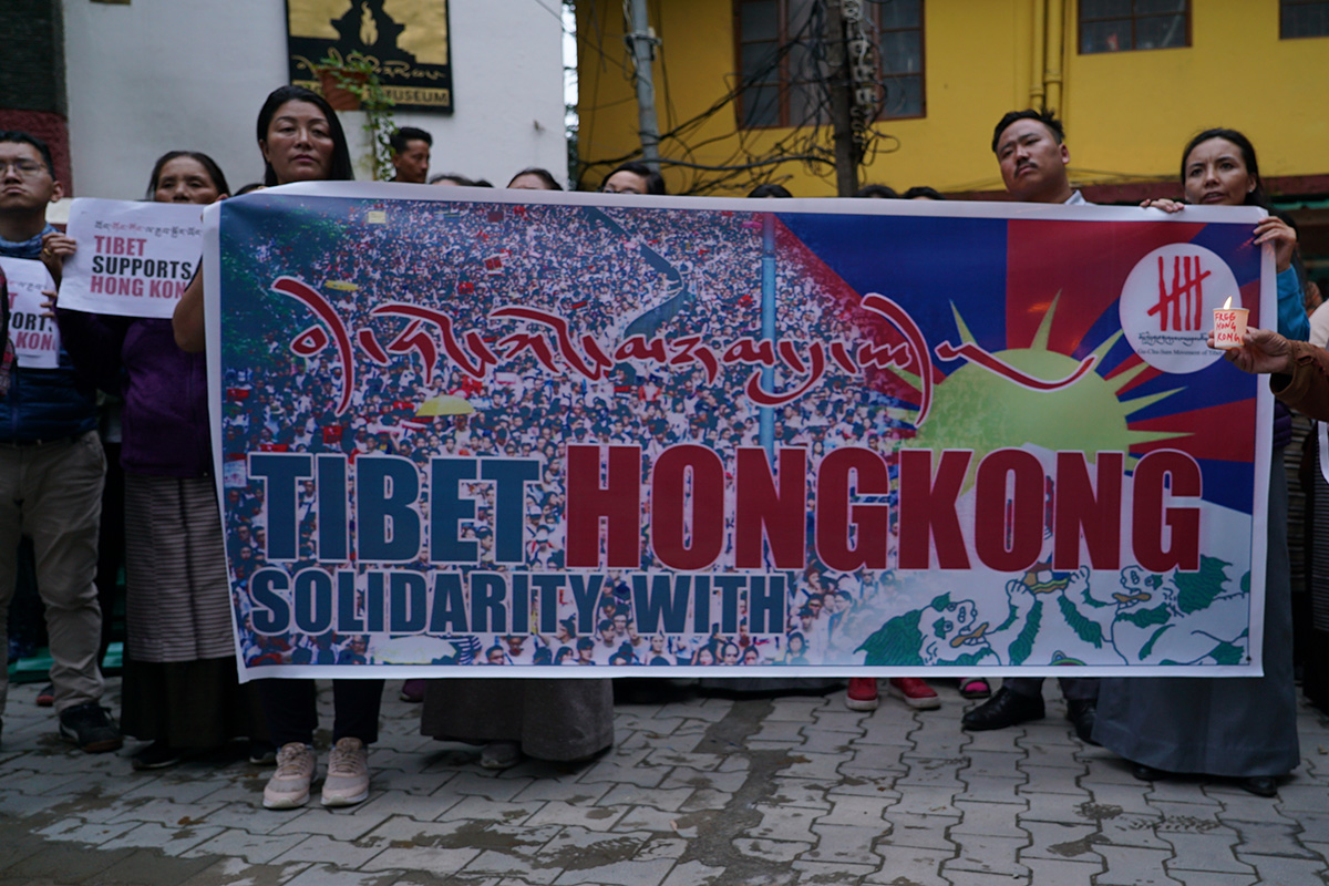 Exile Tibetans expressing their solidarity with the protesters in Hong Kong during a candlelight vigil in McLeod Ganj, India, on 19 August 2019.