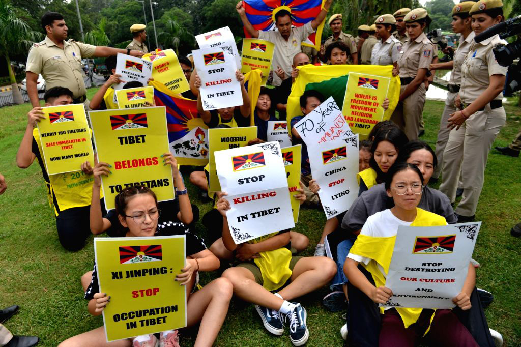 Tibetan Youth Congress activists stage a protest outside the Embassy of China to condemn the 7oth anniversary celebrations of founding of the People’s Republic of China, in New Delhi, India, on 1 October 2019.