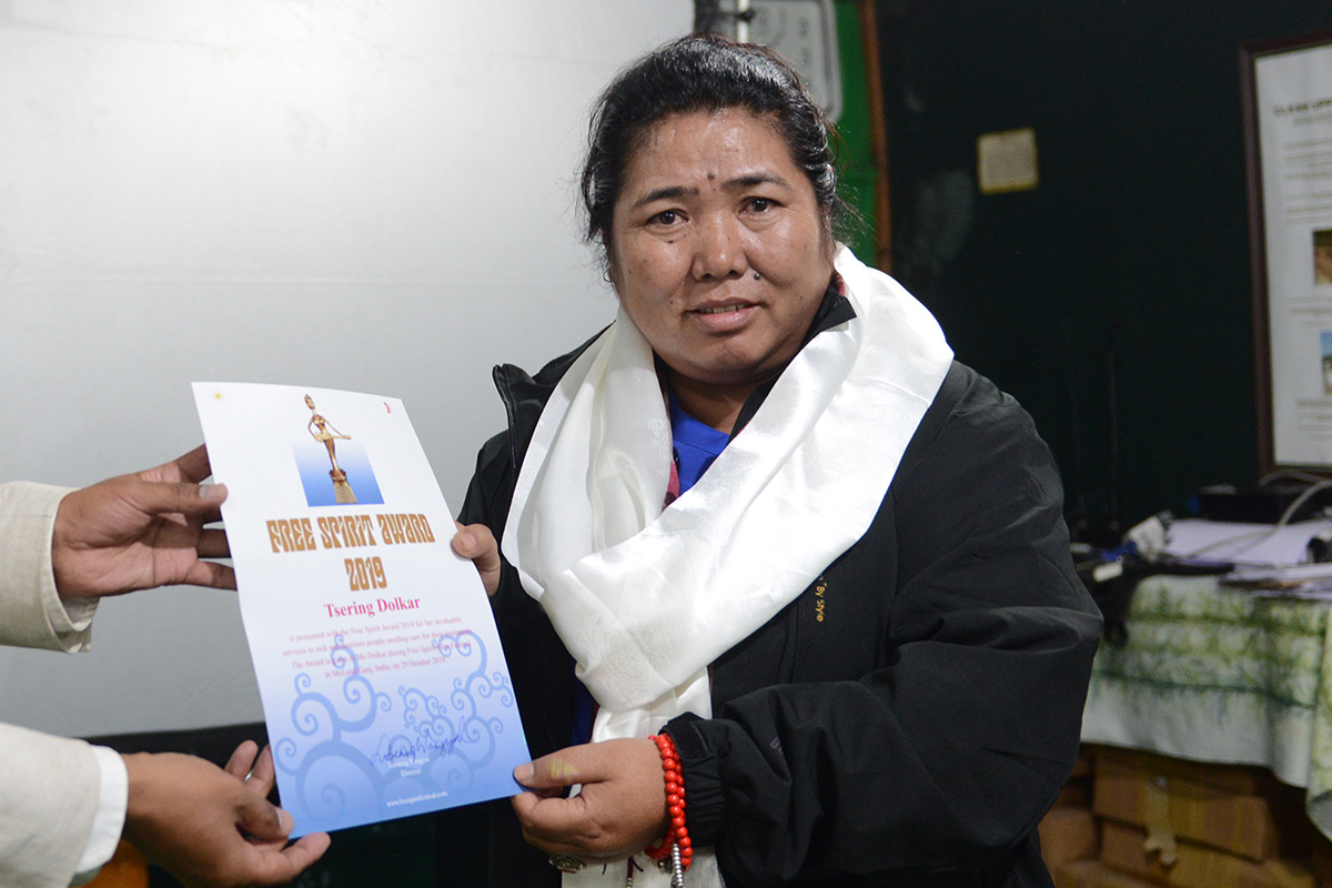 Tsering Dolkar receives the Free Spirit Award 2019 in McLeod Ganj, India, on 29 October 2019. 