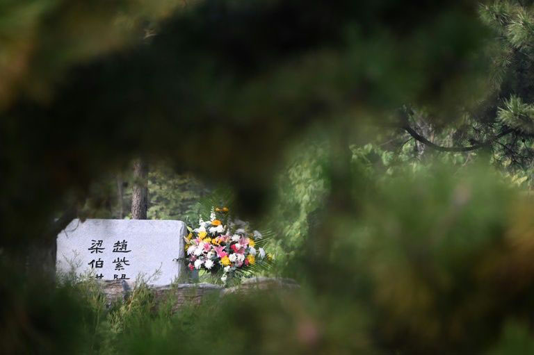 The simple grey headstone of former Chinese Communist Party leader Zhao Ziyang at the Changping cemetery, where a day after his burial three people were seen paying their respects despite heavy security.