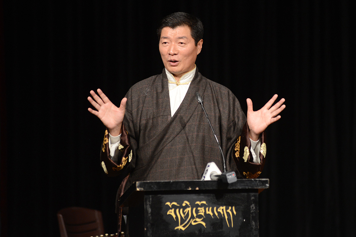 President of Central Tibetan Administration, Lobsang Sangay, speaks during the celebration of the 60th anniversary of Tibetan Institute of Performing Arts, in McLeod Ganj, India, on 28 October 2019. 