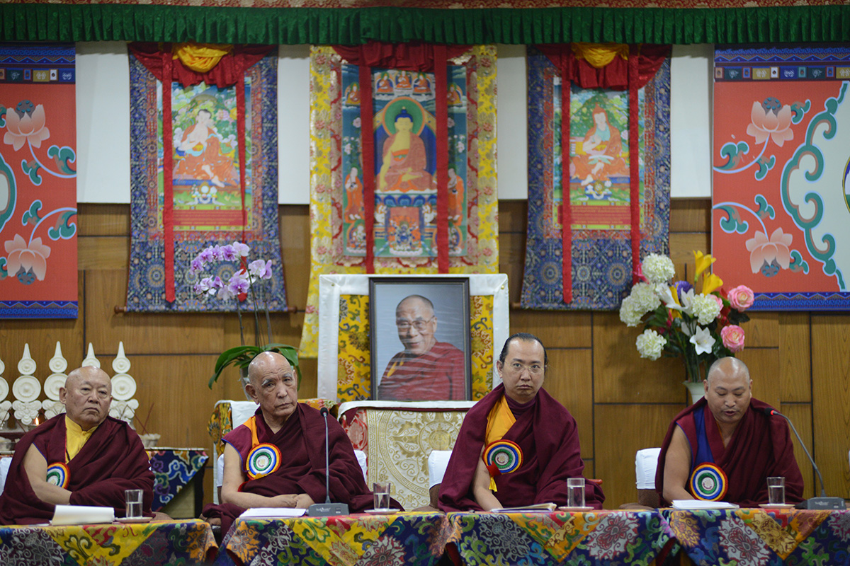 Tibetan religious leaders, from left: Drikung Chesang Rinpoche, Ganden Tripa Lobsang Tenzin Palsangpo, Sakya Trizin Ratna Vajra Rinpoche, and Menri Trizin of Bon tradition, at the 14th Tibetan Religious Conference in Dharamshala, India, on 27 November 2019. 