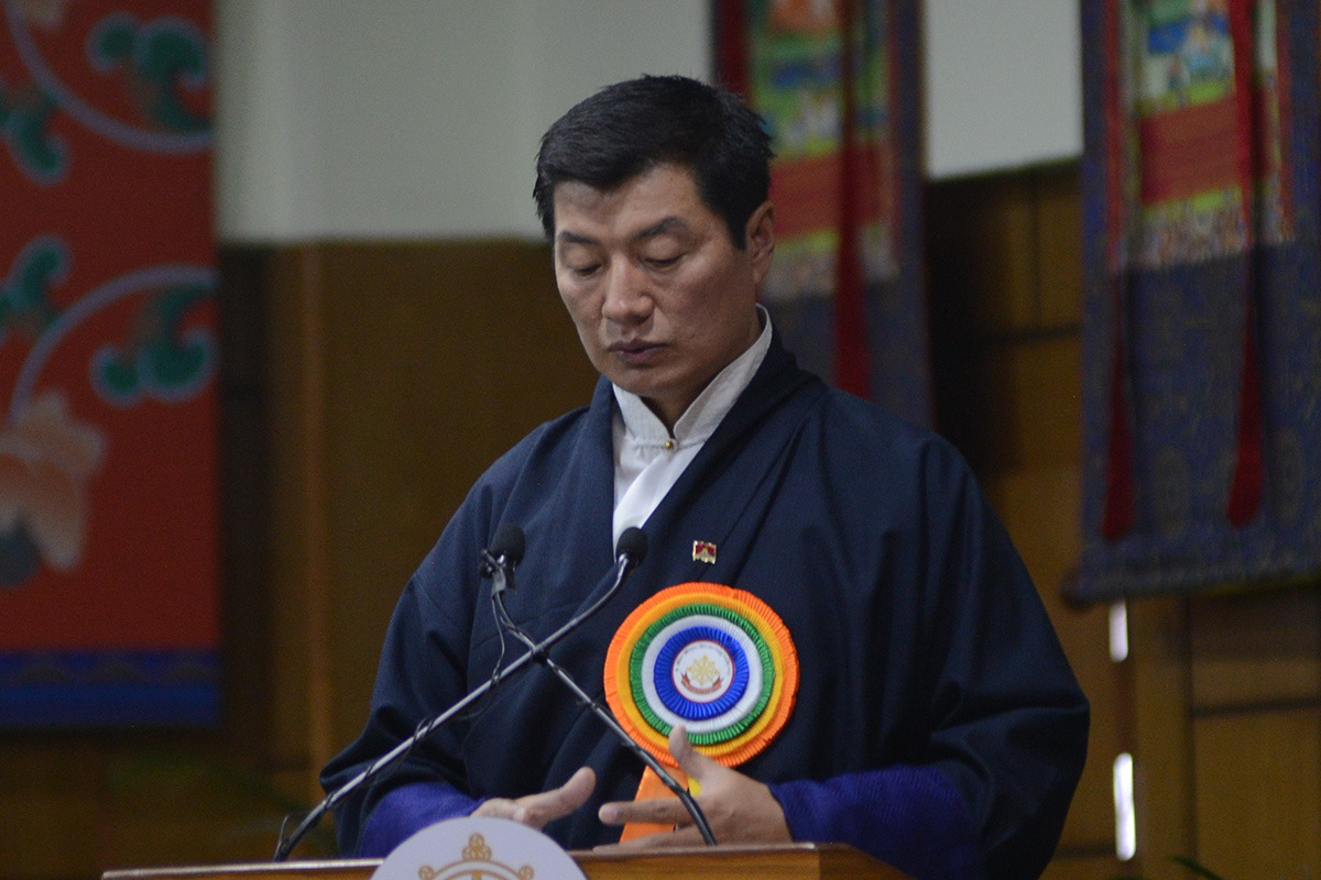 President of the Central Tibetan Administration Lobsang Sangay speaks during an event on 27 November 2019. 