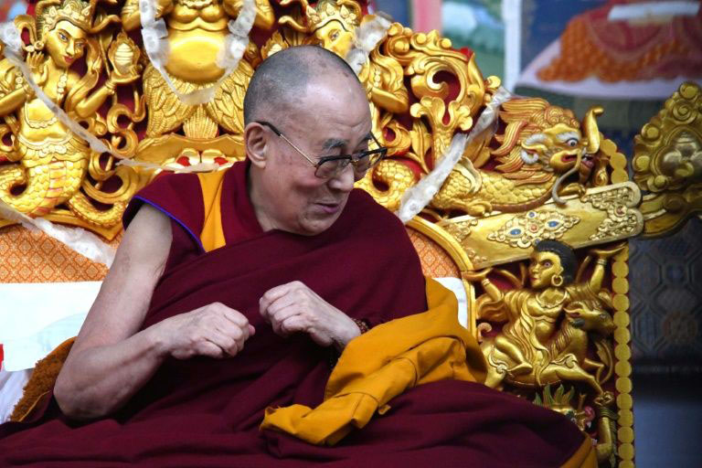 Tibetan spiritual leader the Dalai Lama delivers teachings in the Indian Buddhist holy city of Bodh Gaya in January 2020.