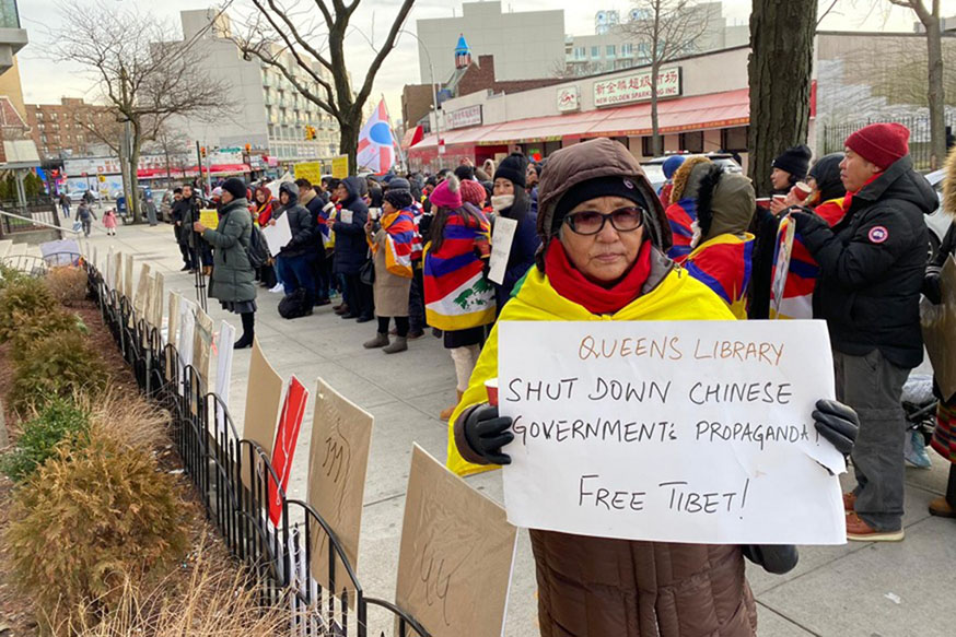 Students for a Free Tibet protest exhibit outside Elmhurst Library on 15 February 2020.