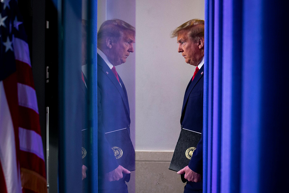 US President Donald Trump arrives during the daily coronavirus task force briefing at the White House in Washington, US, on 18 April 2020.