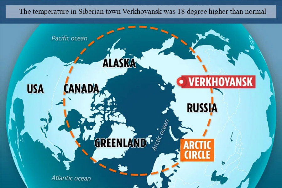 Map shows the location of Verkhoyansk, where the highest Arctic temperature was recorded on 20 June 2020.