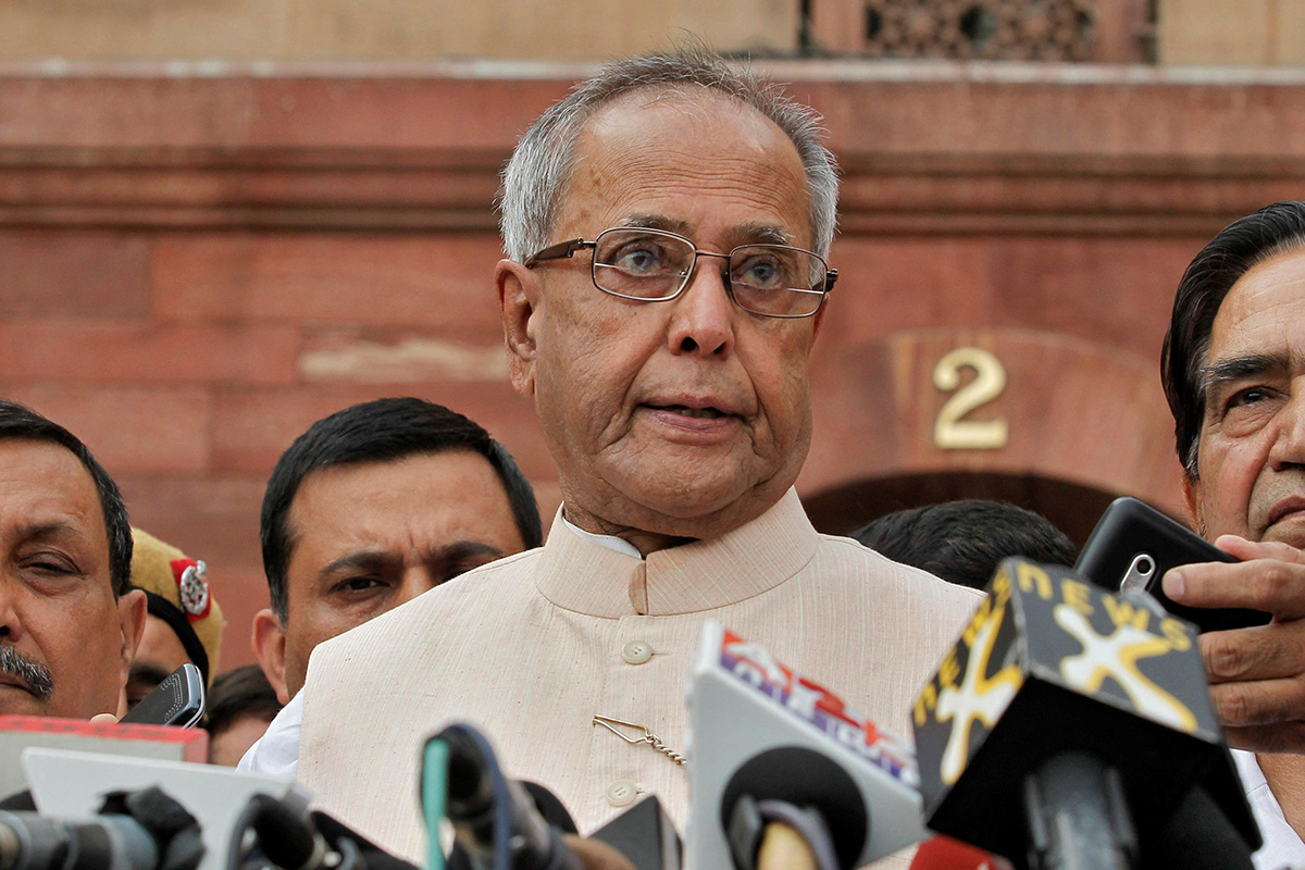 Pranab Mukherjee speaks to media in the run-up to the Indian presidential election in New Delhi on 26 June 2012.