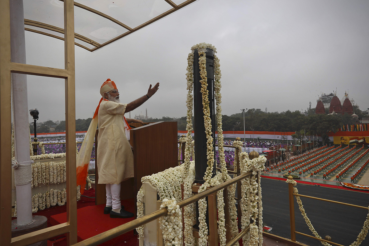 Indian Prime Minister Narendra Modi speaks from the ramparts of the historic Red Fort monument on Independence Day in New Delhi, India, on 15 August 2020.