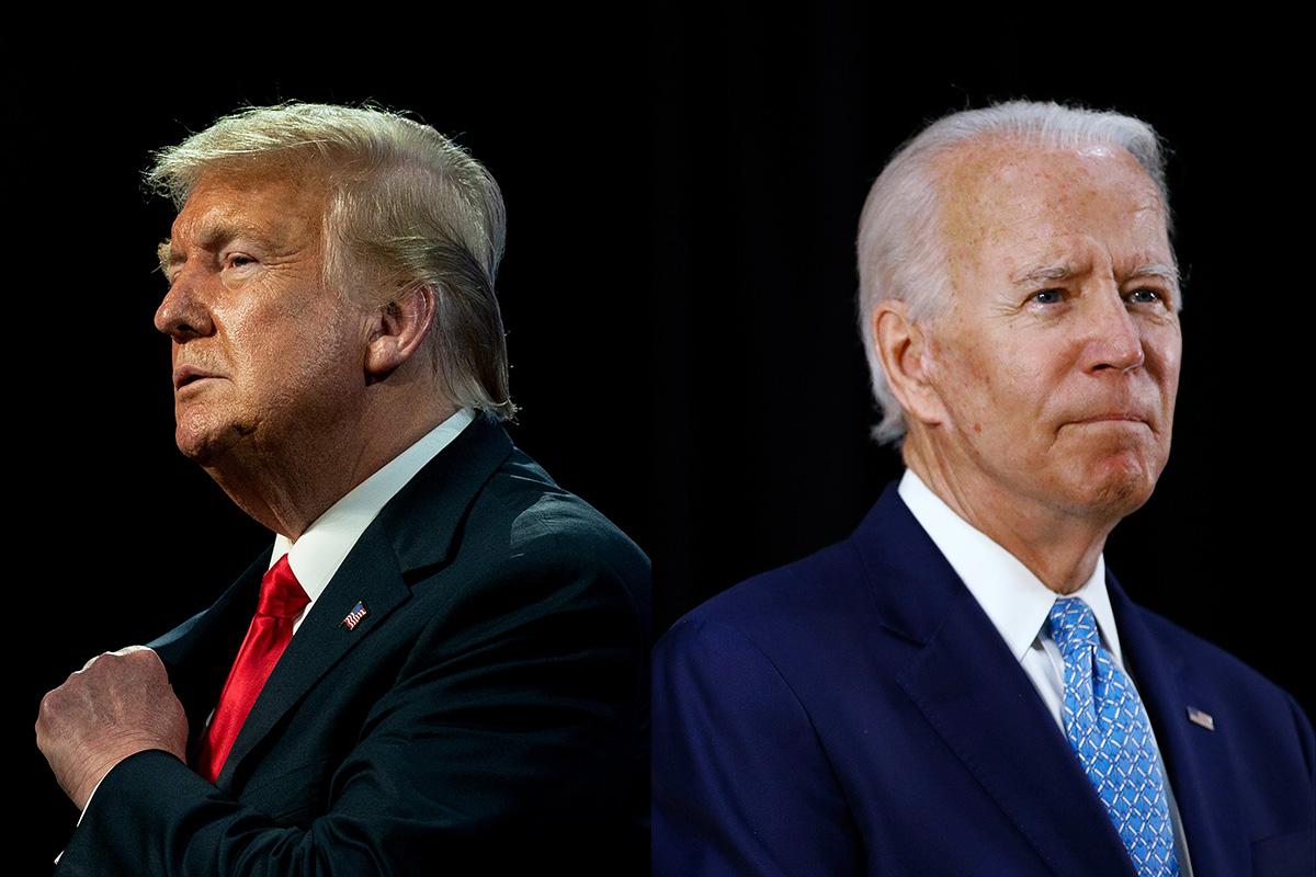 US President Donald Trump speaks to a group of young Republicans at Dream City Church in Phoenix, on 23 June 2020; Democratic presidential candidate and former Vice President Joe Biden speaks at Alexis Dupont High School in Wilmington, Delaware, on 30 June 2020.