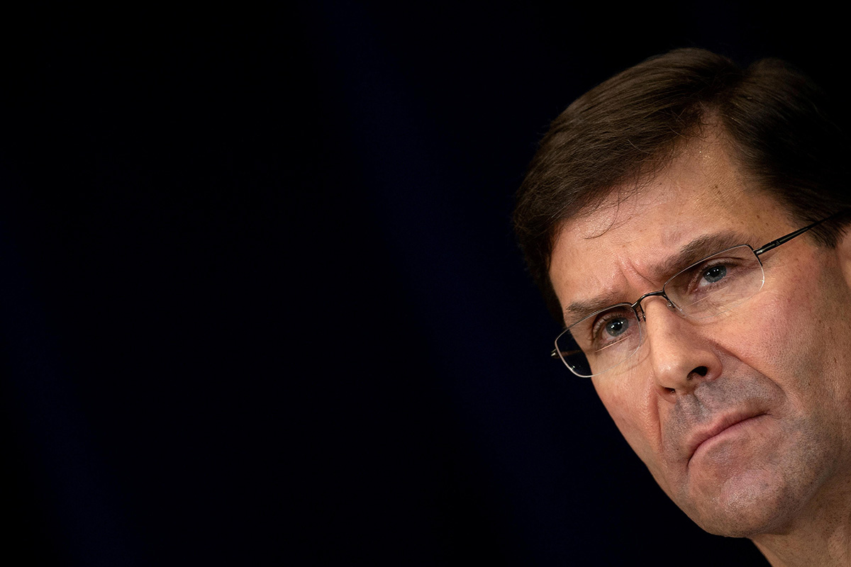 US Secretary of Defence Mark Esper listens during a press conference at the US Department of State following the 30th AUSMIN in Washington, DC on 28 July 2020.
