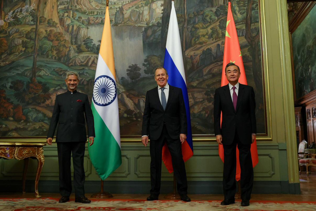 Russia's Foreign Minister Sergei Lavrov, India's Foreign Minister Subrahmanyam Jaishankar and China's State Councillor Wang Yi pose for a picture during a meeting in Moscow, Russia, on 10 September 2020.