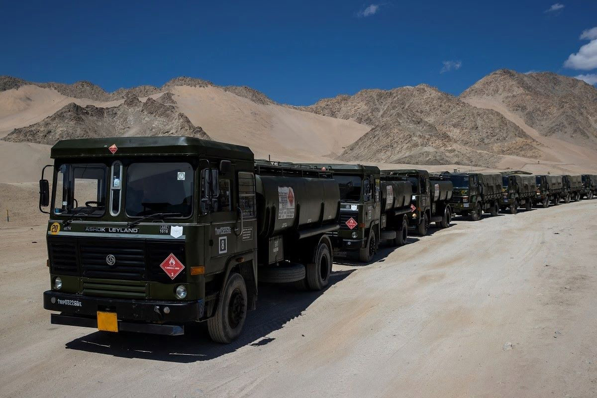 Military tankers carrying fuel move towards forward areas in the Ladakh region, on 15 September 2020.