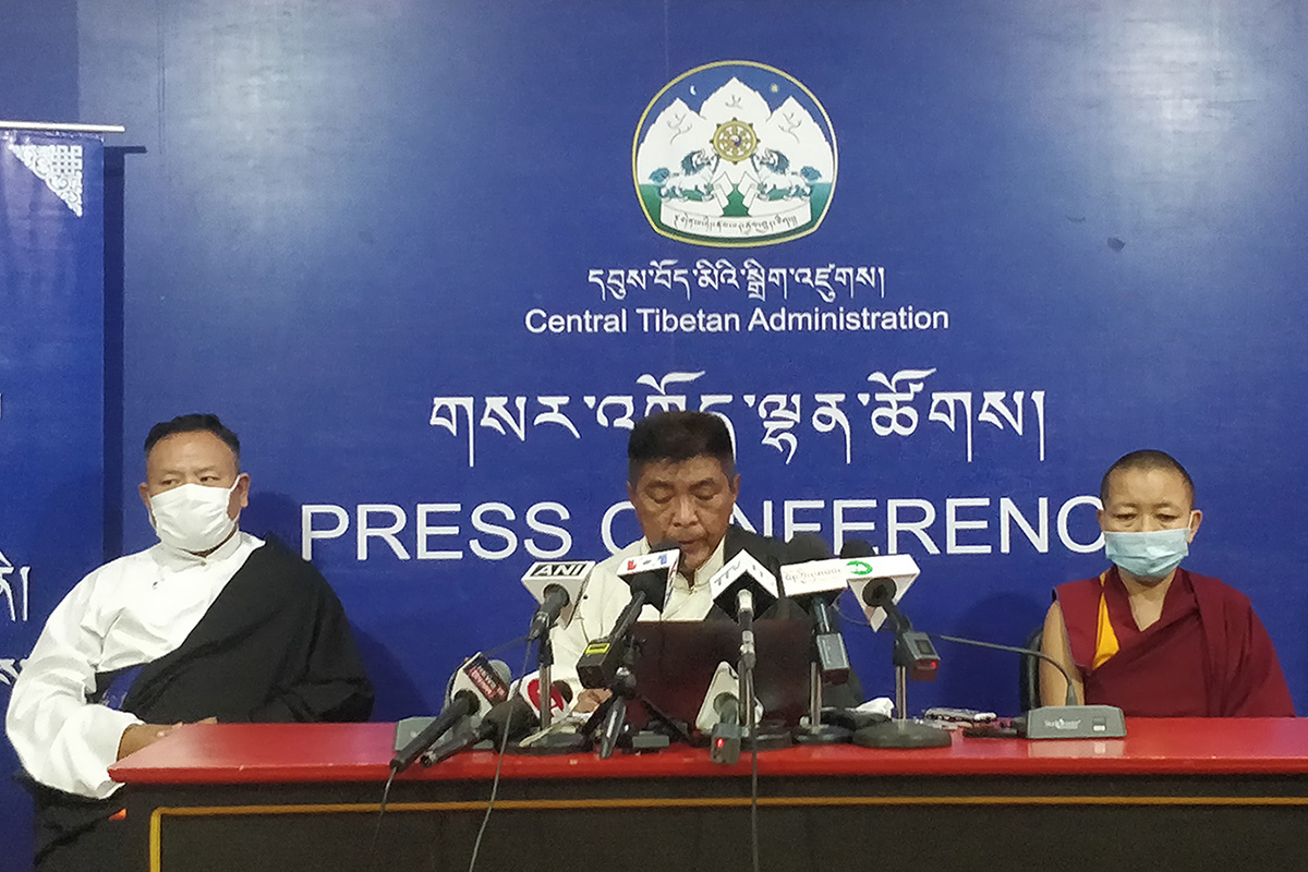 Chief Election Commissioner Wangdu Tsering Pesur, along with two additional commissioners, Sonam Gyaltsen (L) and Geshema Delek Wangmo, during  the press conference on the 2021 Sikyong and 17th Parliamentary elections, in Dharamshala, India, on 28 September 2020.