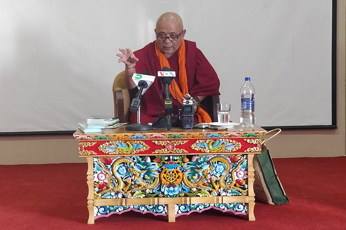 Acharya Yeshi Phuntsok speaks during the launch of his manifesto as a 2021 Sikyong candidate, in McLeod Ganj, India, on 2 October 2020.