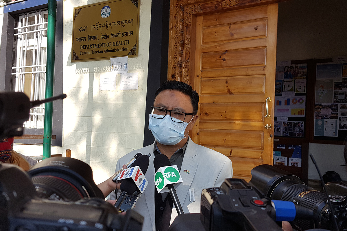 The Secretary of Department of Health of Central Tibetan Administration, Palden Dhondup, speaks during a press conference about two staff members infection with Coronavirus, outside his department in Dharamshala, India, on 17 November 2020. 