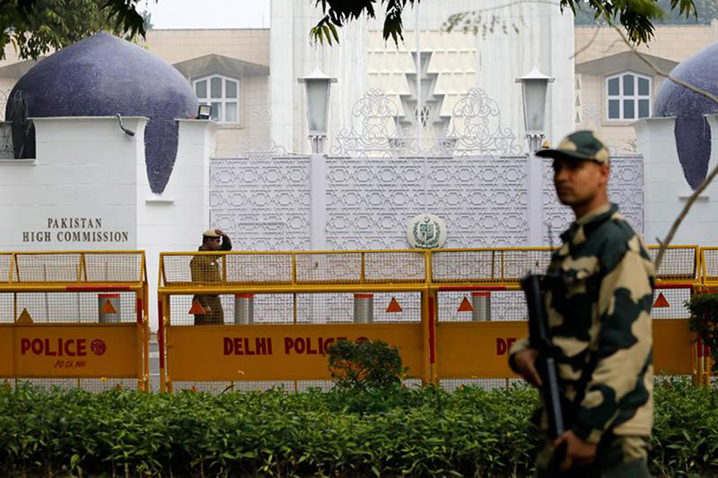 An armed policeman stands guard outside Pakistan High Commission in New Delhi, India, on 15 February 2019.