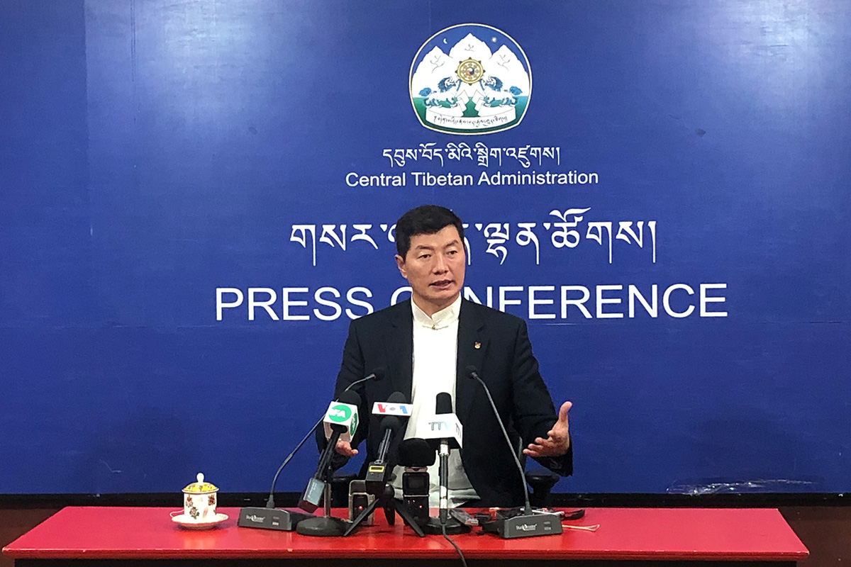 The President of the Central Tibetan Administration, Lobsang Sangay, speaks during a press conference at its headquarters in Dharamshala, India, on 10 November 2020. 