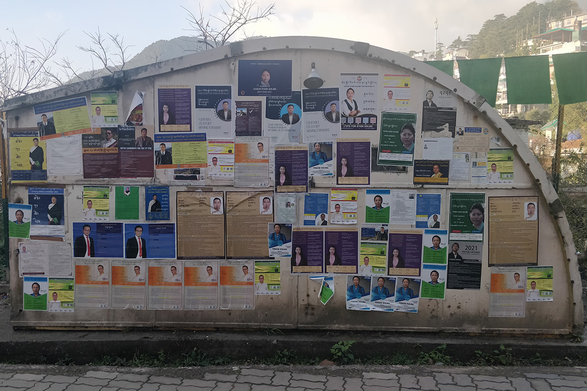Exile Tibetan election campaign posters for the posts of Sikyong and members of the Tibetan Parliament are seen pasted at Tsuglakhag temple in McLeod Ganj, India, on 13 December 2020. 