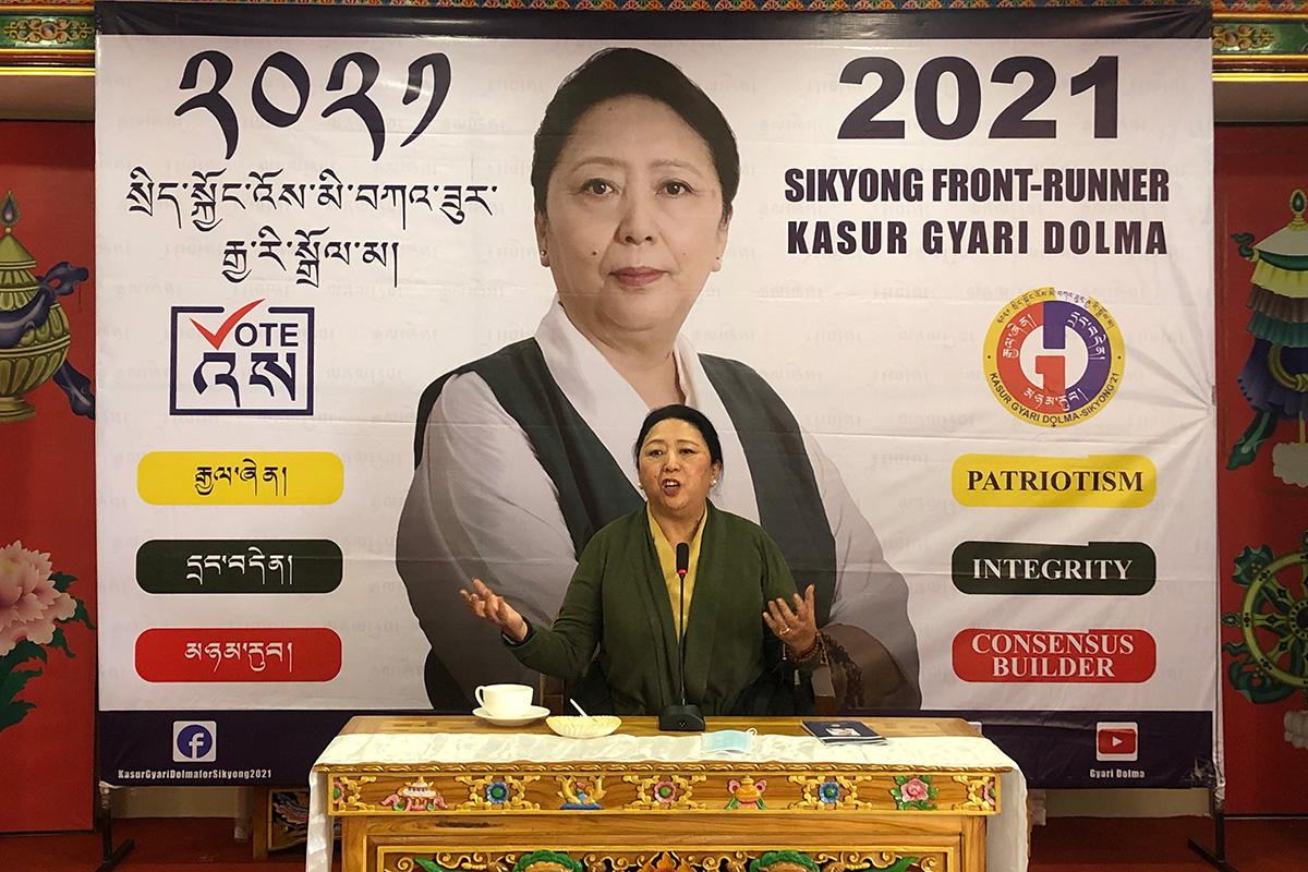 Sikyong 2021 aspirant Gyari Dolma speaks during her campaign meeting in McLeod Ganj, India, on 30 December 2020.