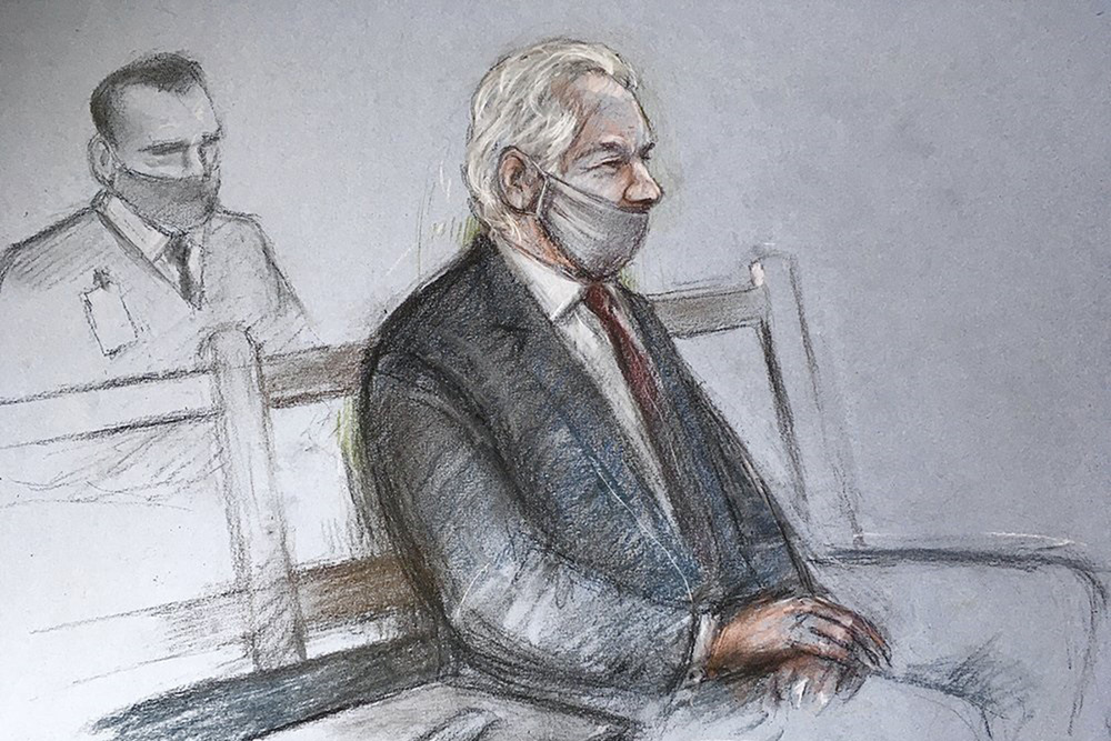 This is a court artist sketch by Elizabeth Cook of Julian Assange appearing at the Old Bailey in London for the ruling in his extradition case, in London, on 4 January 2021. A British judge has rejected the United States’ request to extradite WikiLeaks founder Julian Assange to face espionage charges, saying it would be “oppressive” because of his mental health. District Judge Vanessa Baraitser said Assange was likely to kill himself if sent to the US. The US government said it would appeal the decision.