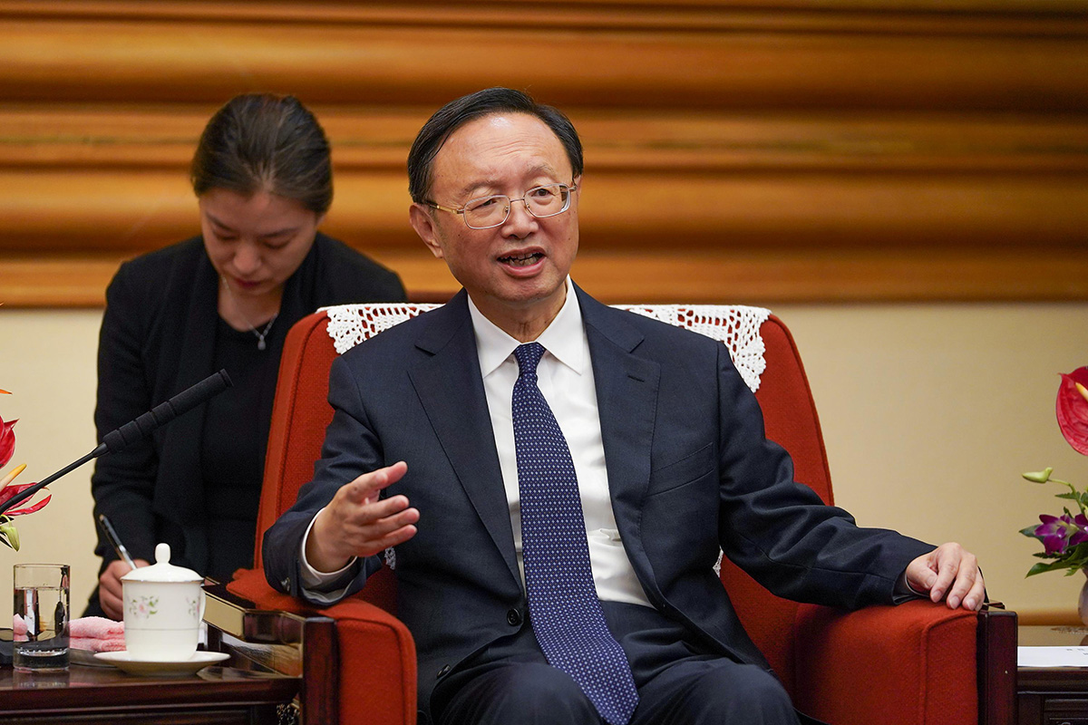 Member of the Politburo of the Communist party of China Yang Jiechi speaks with Malaysian Foreign Minister Dato' Saifuddin Abdullah (not pictured) during a meeting in Beijing, China, on 12 September 2019.