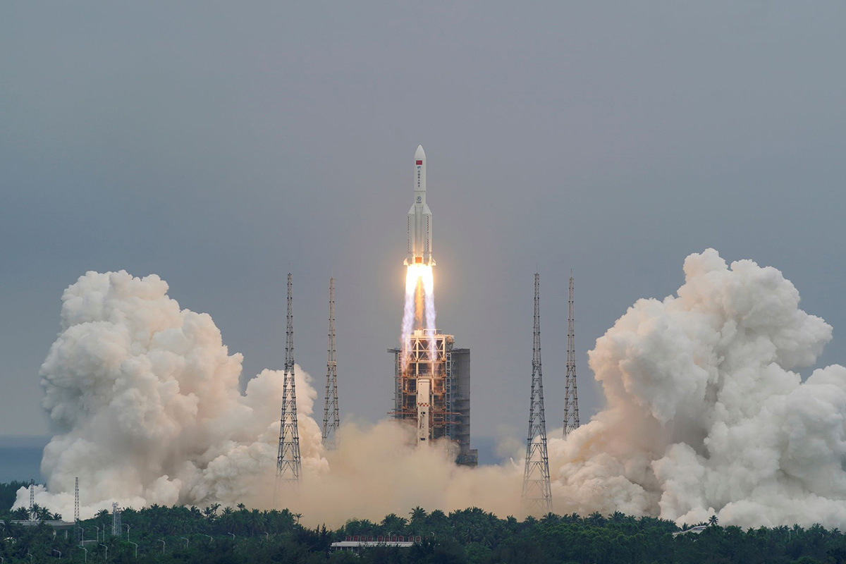 The Long March-5B Y2 rocket, carrying the core module of China's space station Tianhe, takes off from Wenchang Space Launch Center in Hainan province, China, on 29 April 2021.