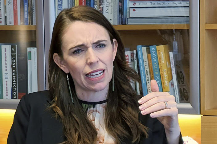 In this 16 December 2020, file photo, New Zealand's Prime Minister Jacinda Ardern speaks during an interviewed in her office at the parliament in Wellington, New Zealand. Ardern took a tougher stance on China's human rights record on 3 May 2021, by saying it was getting harder to reconcile differences as China's role in the world grows.