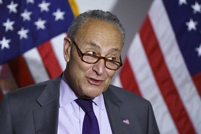 Senate Majority Leader Chuck Schumer, D-NY, speaks to reporters after the Democrats' policy luncheon, on Capitol Hill in Washington, on 11 May 2021.