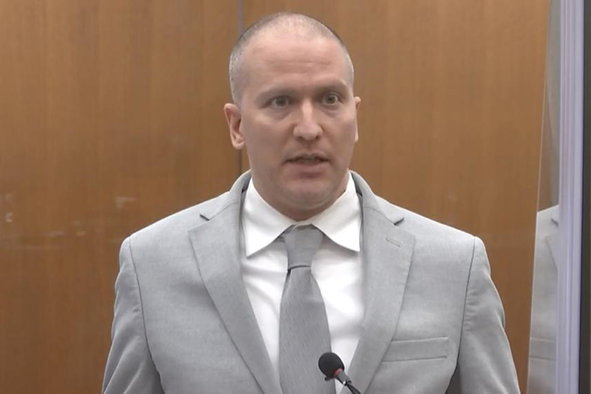 In this image taken from video, former Minneapolis police Officer Derek Chauvin addresses the court as Hennepin County Judge Peter Cahill presides over Chauvin's sentencing, on 25 June 2021, at the Hennepin County Courthouse in Minneapolis. Chauvin faces decades in prison for the May 2020 death of George Floyd.
