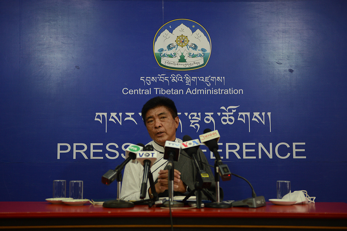 Tibetan Election Commissioner Wangdu Tsering Pesur speaks during a press conference at the headquarters of the Central Tibetan Administration in Dharamshala, India, on 18 June 2021. 