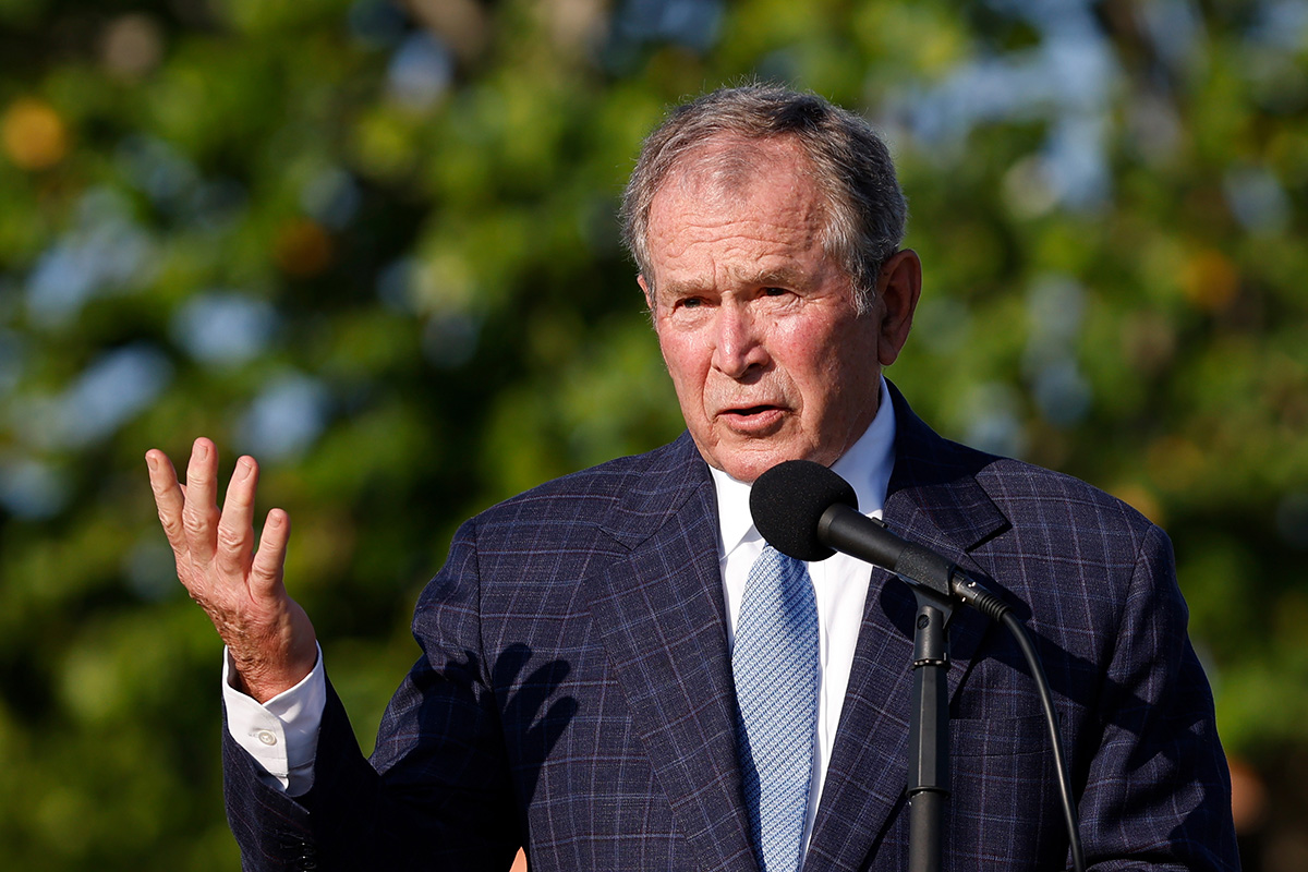 Former US President George W Bush speaks during the flag raising ceremony prior to The Walker Cup at Seminole Golf Club in Juno Beach, Florida, on 7 May 2021.