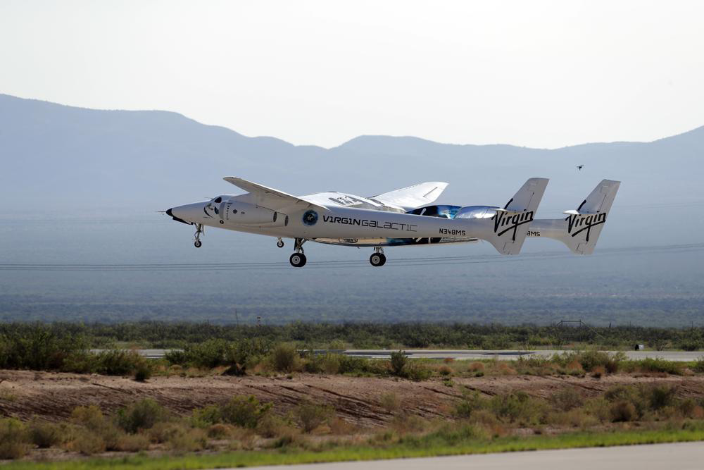 The rocket plane carrying Virgin Galactic founder Richard Branson and other crew members takes off from Spaceport America near Truth or Consequences, New Mexico, on 11 July 2021.