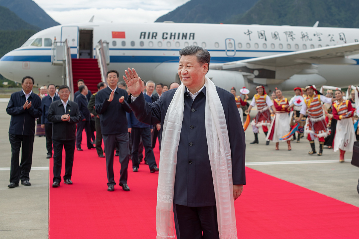 Chinese President Xi Jinping at Nyingchi Mainling Airport in Tibet.