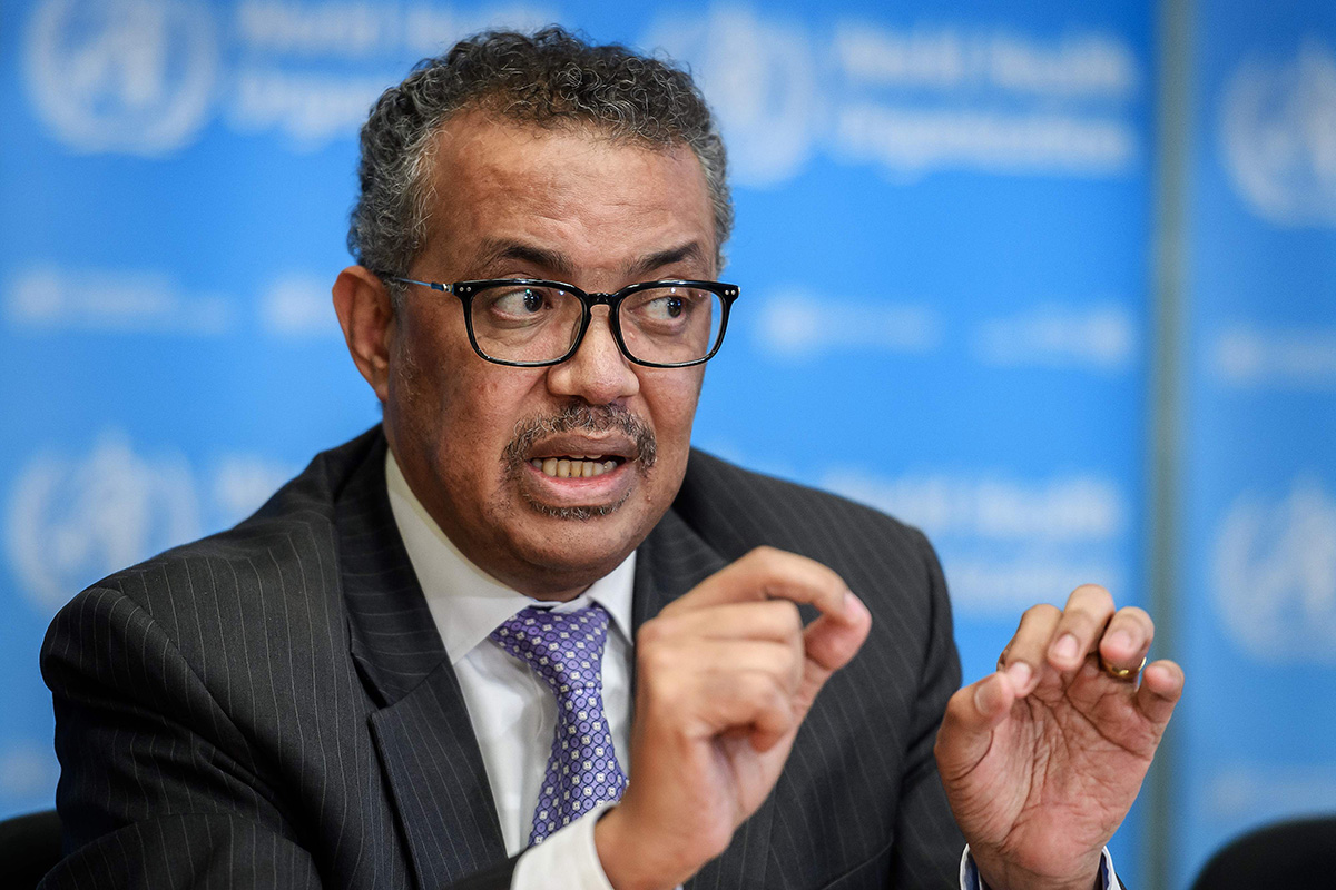 World Health Organization (WHO) Director-General Tedros Adhanom Ghebreyesus speaks during a daily press briefing on COVID-19 virus at the WHO headquaters in Geneva on 9 March 2020.