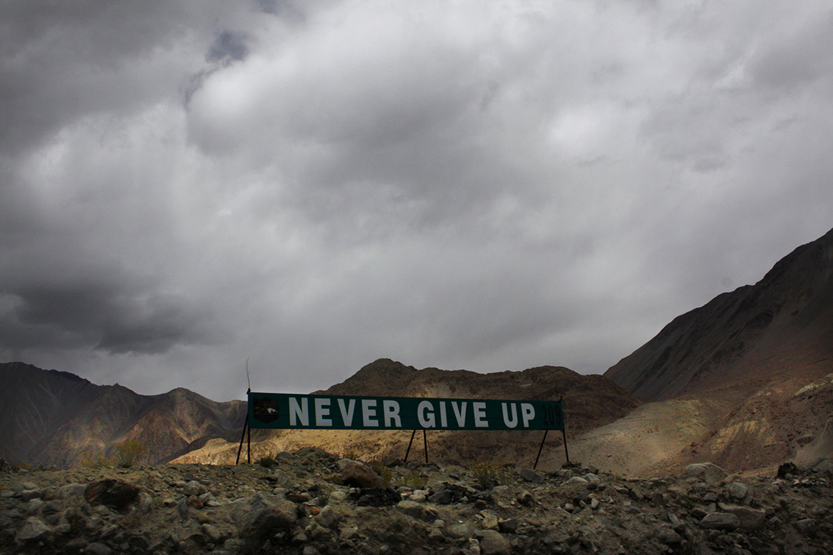 In this 14 September 2017, file photo, a banner erected by the Indian army stands near Pangong lake near the India-China border in India's Ladakh area.