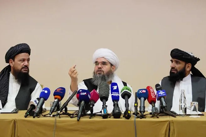 Members of Taliban political office Abdul Latif Mansoor (L), Shahabuddin Delawar (C) and Suhail Shaheen attend a press conference in Moscow, Russia, on 9 July 2021.