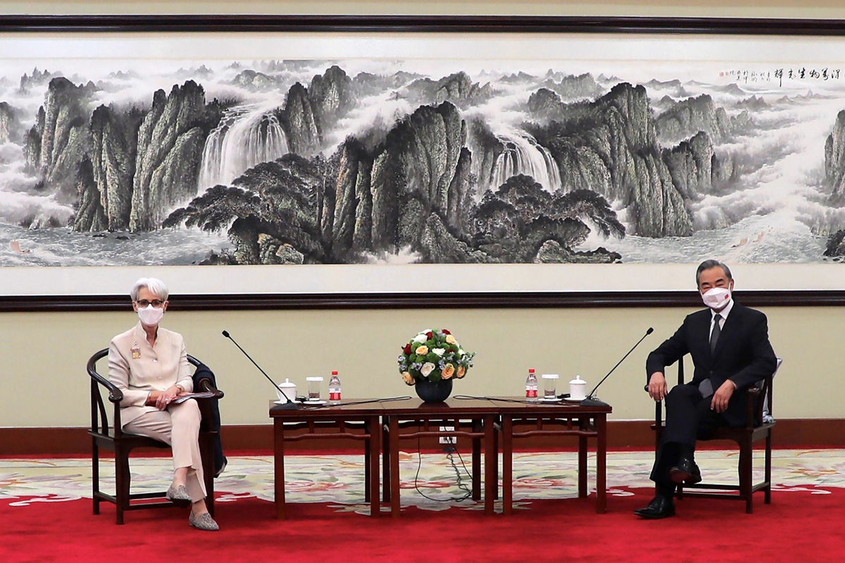 US Deputy Secretary of State Wendy Sherman during a meeting with Chinese Foreign Minister and State Councilor for Foreign Affairs Wang Yi in Tianjin, China, on 26 July 2021.
