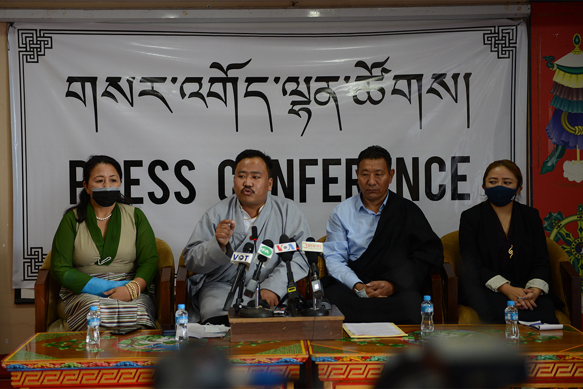 Leaders of the four leading Tibetan NGOs: Tibetan Youth Congress President Gonpo Dhondup (second left),  Tibetan Women's Association President Tenzin Dolma (left), National Democratic Party of Tibet President Tsetan Norbu, and Students for a Free Tibet – India President Rinzin Choedon, during a press conference at Norbu House in McLeod Ganj, India, on 4 August 2021. 