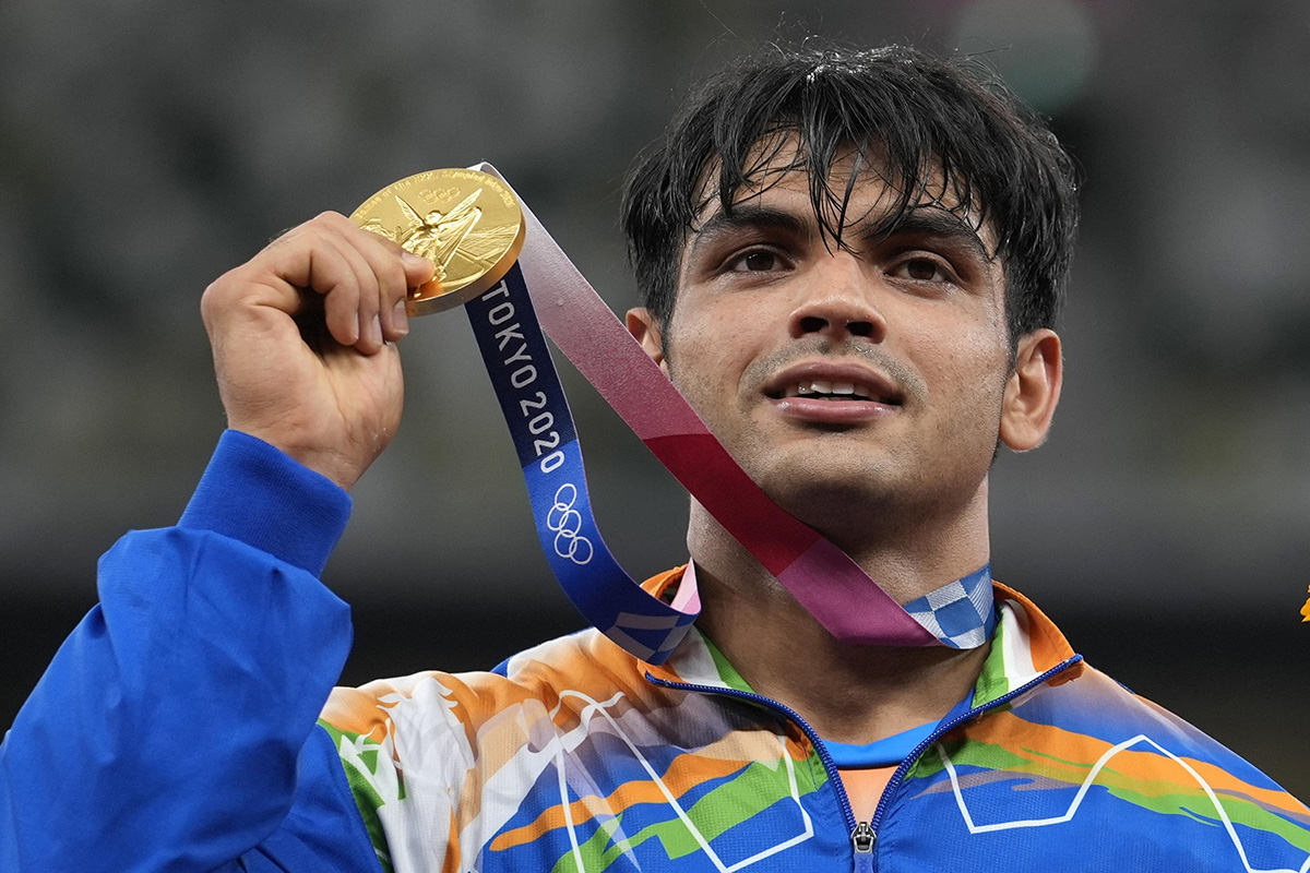 Gold medalist Neeraj Chopra, of India, poses during the medal ceremony for the men's javelin throw at the 2020 Summer Olympics, in Tokyo, Japan, on 7 August 2021.
