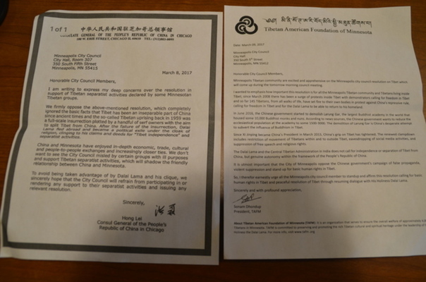 Photo of (L) the warning letter that the city council received from the Chinese Consulate General in Chicago, and (R) the letter written by the Tibetan American Foundation of Minnesota president to the Minneapolis city council.