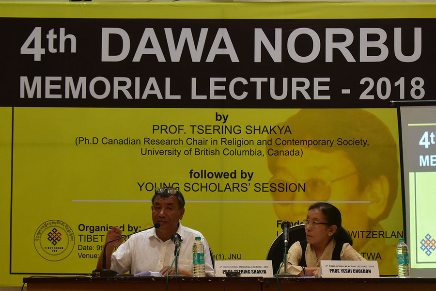 Prof Tsering Shakya from University of British Columbia speaks at the 4th Dawa Norbu Memorial Lecture, in memory of Professor Dawa Norbu, organised by Tibet Forum at Jawaharlal Nehru University, New Delhi, India, on 9 April 2018. Prof Yeshi Choedon is seen on the right.  