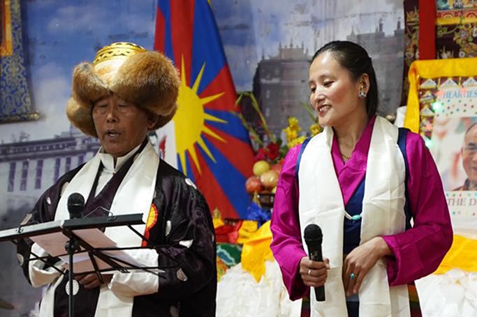 Ngawang Lobsang (Male Vocalist), President, Hamro Parivaar, and Ms Dawa Bhuti (Female Vocalist), Music and Dance Teacher, sing the new U-may lam song on the occasion of the 30th anniversary of the conferment of Nobel Peace Prize on the Dalai Lama, in Gangtok, Sikkim, on 10 December 2019. 