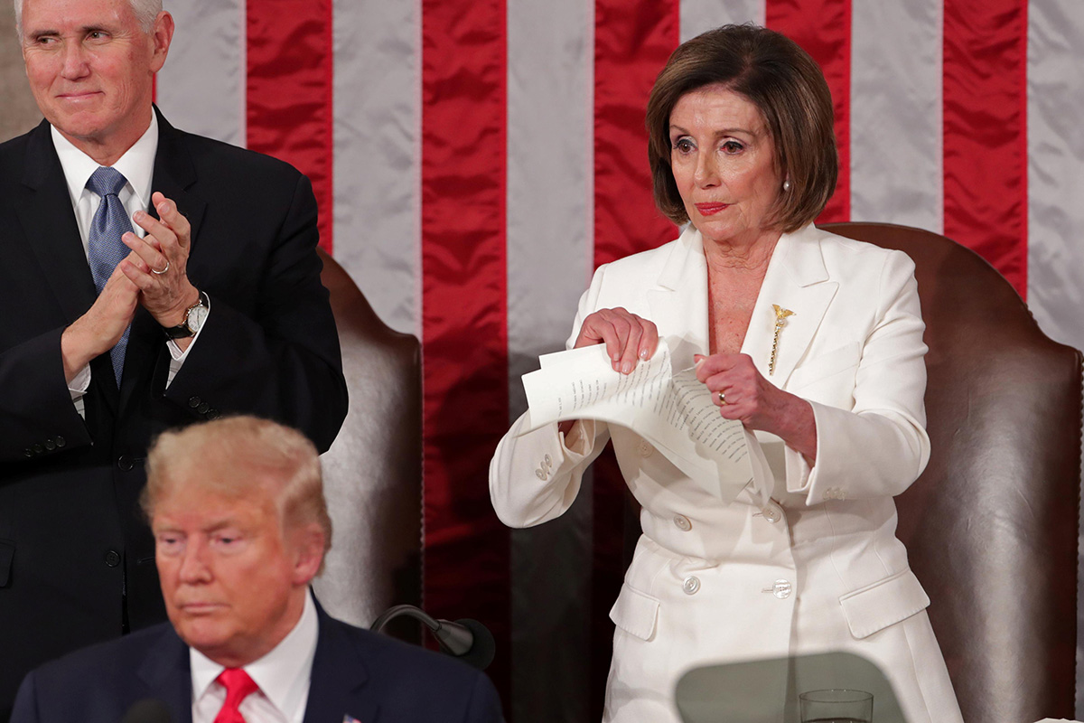 Speaker of the House Nancy Pelosi (D-CA) rips up the speech of US President Donald Trump after his State of the Union address to a joint session of the US Congress in the House Chamber of the US Capitol in Washington, US, on 4 February 2020.