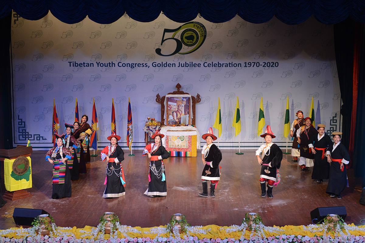 Artistes of the Tibetan Institute of Performing Arts perform a traditional dance on the occasion of Golden Jubilee anniversary of the Tibetan Youth Congress at TIPA Auditorium in McLeod Ganj, India, on 7 October 2020.