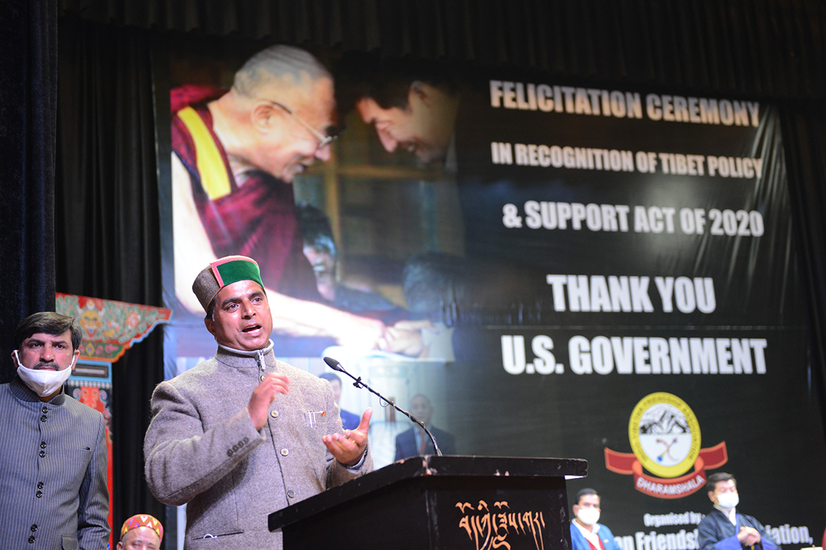 Subash Nehria, an advisor of the Indo-Tibetan Friendship Association (ITFA) speaks during the felicitation ceremony thanking the US Government for passing the Tibet Policy and Support Act, 2020, in Dharamshala, India, on 16 January 2021.