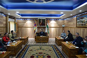 Sikyong Penpa Tsering and the senior staff members of the Central Tibetan Administration having a tea party on the occasion of India's 75th independence day, at the Kashag building in Dharamshala, India, on 15 August 2021. 